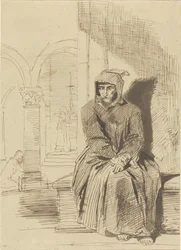 Monge sentado, em contemplação, enquanto a Missa é celebrada em segundo plano