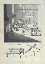 Fabrico de canhões, desenho para a &39;Description des Arts et Métiers&39;, de L. Simonneau, que inspirou Diderot para a Encyclopédie