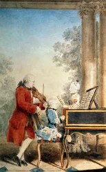 Leopold Mozart (1719-87) e os seus dois filhos, Wolfgang Amadeus (1756-91) e Maria-Anna, conhecida como 