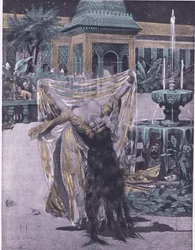 O Soldado da filha da Babilônia dançando, ilustração de Decameron de Boccaccio publicada pela Sociedade Navarra 1930 (litho)