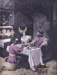 O jantar das galinhas, ilustração de Decameron de Boccaccio publicada pela Sociedade Navarra dos anos 30 (litho)