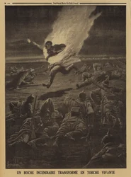 Soldado alemão carregando materiais inflamáveis transformados numa tocha humana durante uma batalha nocturna, a Primeira Guerra Mundial