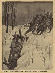 Soldado alemão numa caixa de sentinela capturado pelos Chasseurs Alpins franceses usando um laço, Primeira Guerra Mundial