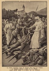 Soldado austríaco ferido tentando esfaquear a Duquesa de Aosta, prima do rei Victor Emmanuel III da Itália, trabalhando como enfermeira voluntária e tentando ajudá-lo numa maca, na Primeira Guerra Mundial.