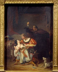 O arquidiácono Frollo e Esmeralda, Phoebus e Esmeralda enlaçados; atrás de Phoebus, Claude Frollo aparece com um punhal para matar o seu rival no coração da cigana. Ilustração de «Notre-Dame de Paris», de Victor Hugo (1802-1885). Pintura de Auguste Couder