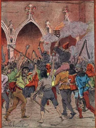 Anúncio de um novo imposto em 1382 sob o reinado de Carlos VI, a população cansada da opressão fiscal aumentou (revoltas dos maillotins ou harelle, cena de levantamento popular na Place de l