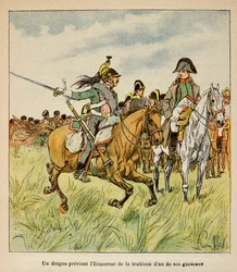 Ilustração de Bombled Louis (1862-1927) do Conde Emmanuel de Las Cases (1766-1842): um dragão avisa o imperador da traição de um de seus generais na Batalha de Waterloo em junho de 1815, Coleção Privada
