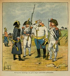 Ilustração de Bombled Louis (1862-1927) do Conde Emmanuel de Las Cases (1766-1842): Durante a campanha italiana, Bonaparte interroga um agente prisional austríaco, Private Collection
