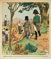 Ilustração de Bombled Louis (1862-1927) do Conde Emmanuel de Las Cases "The Memorial of Saint Helene" (1766-1842): Napoleão examina as fortificações que o Governador Hudson Lowe (1769-1844) levantou em torno de Longwood, Coleção Privada