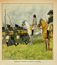 Ilustração de Bombled Louis (1862-1927) do livro "O Memorial de Santa Helena" do Conde Emmanuel de Las Cases (1766-1842): O Imperador Napoleão contempla seus conscritos durante uma batalha, Coleção Privada