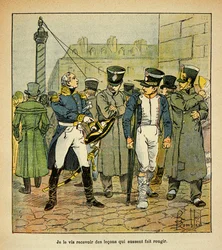 Ilustração de Bombled Louis (1862-1927) do livro "O Memorial de Santa Helena" do Conde Emmanuel de Las Cases (1766-1842): Um ex-oficial de Napoleão, em restauração, pede aos antigos recrutas que rejeitem o regime imperial, Coleção Parcial