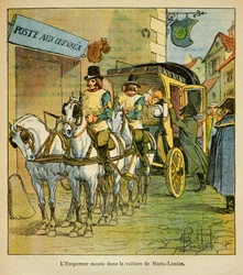 Ilustração de Bombled Louis (1862-1927) do livro "O Memorial de Santa Helena" do Conde Emmanuel de Las Cases (1766-1842): O Imperador Napoleão vai de carro ao encontro de sua esposa Marie Louise em 1810, Coleção Particular