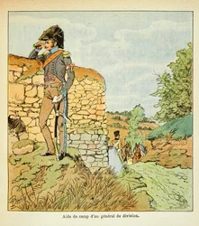 Ilustração de Bombled Louis (1862-1927) do livro "O Memorial de Santa Helena" do Conde Emmanuel de Las Cases (1766-1842): Aide de camp de um general de divisão do exército francês, Coleção Privada