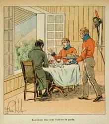 Ilustração de Bombled Louis (1862-1927) do livro "O Memorial de Santa Helena" do Conde Emmanuel de Las Cases (1766-1842): Jantar entre Las Cases e o Oficial de Guarda, Coleção Particular