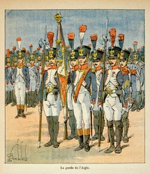 Ilustração de Bombled Louis (1862-1927) do livro "O Memorial de Santa Helena" do Conde Emmanuel de Las Cases (1766-1842): A Guarda da Águia (criada por Napoleão para proteger a bandeira), Coleção Particular