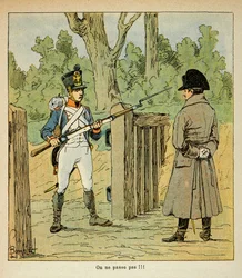 Ilustração de Bombled Louis (1862-1927) do livro "O Memorial de Santa Helena" do Conde Emmanuel de Las Cases (1766-1842): Napoleão visitando certos postos na véspera de uma batalha travada por um guarda, Coleção Privada