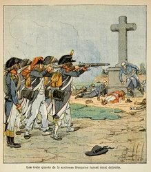 Ilustração de Bombled Louis (1862-1927) do livro "O Memorial de Santa Helena" do Conde Emmanuel de Las Cases (1766-1842): O tiroteio de Des chouans durante a Guerra de Vendee, Coleção Particular