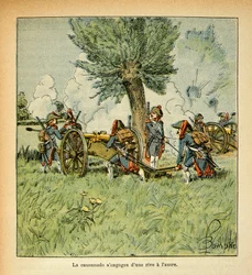 Ilustração de Bombled Louis (1862-1927) do livro "O Memorial de Santa Helena" do Conde Emmanuel de Las Cases (1766-1842): Artilharia Francesa durante a Campanha Italiana, Coleção Particular