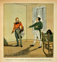 Ilustração de Bombled Louis (1862-1927) do livro "O Memorial de Santa Helena" do Conde Emmanuel de Las Cases (1766-1842): O Imperador Napoleão culpa o Governador Hudson Lowe (1769-1844) pelo seu comportamento para com ele, Coleção Parcial