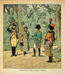 Ilustração de Bombled Louis (1862-1927) do livro "O Memorial de Santa Helena" do Conde Emmanuel de Las Cases (1766-1842): O Imperador Napoleão interroga um espião no Elysee, Coleção Privada