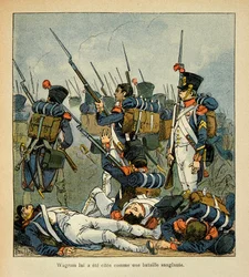 Ilustração de Bombled Louis (1862-1927) do livro "O Memorial de Santa Helena" do Conde Emmanuel de Las Cases (1766-1842): Grognards at the Battle of Wagram, Coleção Particular