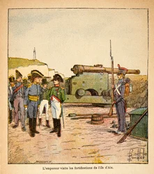 Ilustração de Bombled Louis (1862-1927) do livro "O Memorial de Santa Helena" do Conde Emmanuel de Las Cases (1766-1842): O Imperador Napoleão visita as fortificações da ilha de Aix após sua renúncia, Coleção Particular