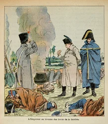 Ilustração de Bombled Louis (1862-1927) do livro "O Memorial de Santa Helena" do Conde Emmanuel de Las Cases (1766-1842): Napoleão durante um bivouac come o pão dos soldados, Coleção Privada