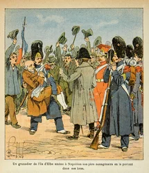 Ilustração de Bombled Louis (1862-1927) do livro "O Memorial de Santa Helena" do Conde Emmanuel de Las Cases (1766-1842): Um granadeiro traz seu pai nãoagenário a Napoleão carregando-o em seus braços ao voltar da ilha de Elba, soldado Col