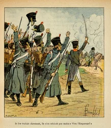 Ilustração de Bombled Louis (1862-1927) do livro "O Memorial de Santa Helena" do Conde Emmanuel de Las Cases (1766-1842): As Tropas Aclamam o Imperador Napoleão, Coleção Particular