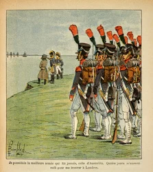 Ilustração de Bombled Louis (1862-1927) do livro "O Memorial de Santa Helena" do Conde Emmanuel de Las Cases (1766-1842): A Grande Armee em Boulogne, O Imperador Napoleão contempla a Inglaterra que ele quer invadir, Coleção Privada