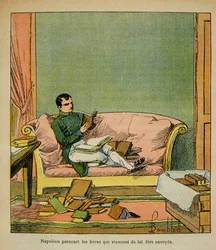 Ilustração de Bombled Louis (1862-1927) do livro "O Memorial de Santa Helena" do Conde Emmanuel de Las Cases (1766-1842): O imperador Napoleão percorre os livros que acabam de ser enviados a Santa Helena, Coleção Particular