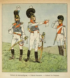 Ilustração de Bombled Louis (1862-1927) do livro "O Memorial de Santa Helena" do Conde Emmanuel de Las Cases (1766-1842): Militares Bávaros: Coronel dos Cavalos de Luz; Oficial Bávaro; Coronel dos Dragões, Coleção Particular