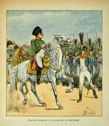 Ilustração de Bombled Louis (1862-1927) do livro "O Memorial de Santa Helena" do Conde Emmanuel de Las Cases (1766-1842): Napoleão convoca um desfile de um tenente, Coleção Particular