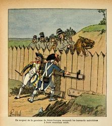 Ilustração de Bombled Louis (1862-1927) do livro "O Memorial de Santa Helena" do Conde Emmanuel de Las Cases (1766-1842): Durante a campanha italiana, um sargento da guarnição de São Jorge reconheceu os Hussardos austríacos com os seus novos casacos, Pr