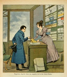 Ilustração de Bombled Louis (1862-1927) do livro "O Memorial de Santa Helena" do Conde Emmanuel de Las Cases (1766-1842): O Imperador Napoleão disfarçado em uma loja na Rua Saint Denis, Coleção Particular