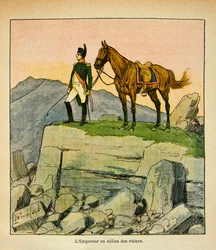 Ilustração de Bombled Louis (1862-1927) do livro "O Memorial de Santa Helena" do Conde Emmanuel de Las Cases (1766-1842): O Imperador Napoleão no meio das ruínas, Coleção Particular