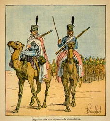Ilustração de Bombled Louis (1862-1927) do livro "O Memorial de Santa Helena" do Conde Emmanuel de Las Cases (1766-1842): Durante a Campanha Egípcia Napoleão Bonaparte criou regimentos de camelos, Coleção Particular