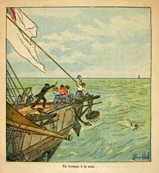 Ilustração de Bombled Louis (1862-1927) do livro "O Memorial de Santa Helena" do Conde Emmanuel de Las Cases (1766-1842): Um homem afoga-se durante a viagem do Imperador Napoleão a Santa Helena, Coleção Particular