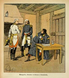 Ilustração de Bombled Louis (1862-1927) do livro "O Memorial de Santa Helena" do Conde Emmanuel de Las Cases (1766-1842): Bonaparte, Jean Mathieu Philibert Serrurier (1742-1819) e Johann von Klenau (1758-1819) em Roverbello durante o Ca