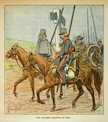 Ilustração de Bombled Louis (1862-1927) do livro "O Memorial de Santa Helena" do Conde Emmanuel de Las Cases (1766-1842): Os Cossacos do Don, Coleção Particular