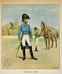 Ilustração de Bombled Louis (1862-1927) do livro "O Memorial de Santa Helena" do Conde Emmanuel de Las Cases (1766-1842): Retrato de um inspetor em revistas, coleção privada