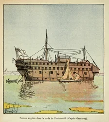 Ilustração de Bombled Louis (1862-1927) do livro "O Memorial de Santa Helena" do Conde Emmanuel de Las Cases (1766-1842): Pontoon inglês no porto de Portsmouth servindo como prisão para os franceses, Coleção Privada