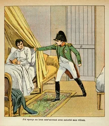 Ilustração de Bombled Louis (1862-1927) do livro "O Memorial de Santa Helena" do Conde Emmanuel de Las Cases (1766-1842): Napoleão desperta Las Cases na cama em Santa Helena, Coleção Particular