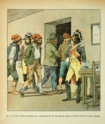 Ilustração de Bombled Louis (1862-1927) do livro "O Memorial de Santa Helena" do Conde Emmanuel de Las Cases (1766-1842): Durante a Revolução Francesa, as prisões foram preenchidas, Coleção Privada