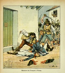 Ilustração de Bombled Louis (1862-1927) do livro "O Memorial de Santa Helena" do Conde Emmanuel de Las Cases (1766-1842): Massacre de soldados franceses em Verona, Coleção Particular