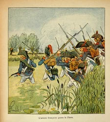 Ilustração de Bombled Louis (1862-1927) do livro "O Memorial de Santa Helena" do Conde Emmanuel de Las Cases (1766-1842): A Armee francesa passa a Piave durante a Campanha Italiana, Coleção Particular