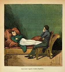 Ilustração de Bombled Louis (1862-1927) do livro "O Memorial de Santa Helena" do Conde Emmanuel de Las Cases (1766-1842): Las Cases olha para Napoleão dormindo, Coleção Particular