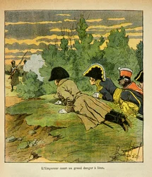 Ilustração de Bombled Louis (1862-1927) do livro "O Memorial de Santa Helena" do Conde Emmanuel de Las Cases (1766-1842): Na véspera da batalha de Iena, o imperador Napoleão, depois de reconhecer as linhas inimigas, atira-se ao chão quando um sentimento fr
