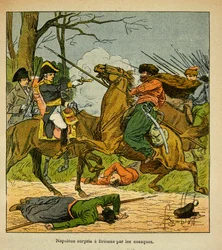 Ilustração de Bombled Louis (1862-1927) do livro "O Memorial de Santa Helena" do Conde Emmanuel de Las Cases (1766-1842): Napoleão surpreendido em Brienne por Cossacos, Coleção Privada