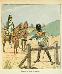 Ilustração de Bombled Louis (1862-1927) do livro "O Memorial de Santa Helena" do Conde Emmanuel de Las Cases (1766-1842): Arma Francesa: Dragon and Dragon Sapper, Coleção Particular